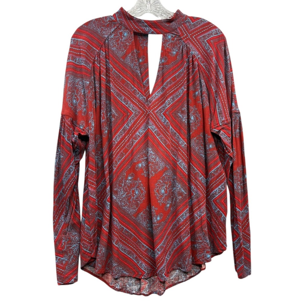 Free People Women's Walking On A Dream Tunic Red Blue Paisley Keyhole Boho‎ S